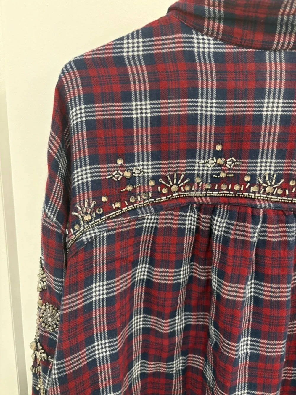Free People Downtown Romance Red Blue Oversized Embellished Plaid Shirt Size L